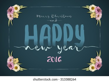 Christmas and happy new year message board with colorful vintage hand drawn flowers.