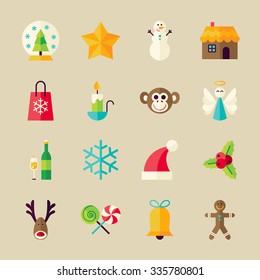 Christmas and Happy New Year Objects Set. Flat Style Vector Illustration. Winter Holiday. Collection of Objects over Beige Background