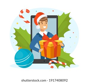 Christmas and Happy New Year Online Shopping, Male Selling Gifts on Internet Sale Cartoon Vector Illustration