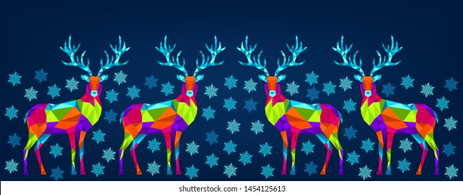 Christmas and Happy New Year ornament.  Polygonal Xmas  reindeer and  snowflakes. Bright colorful  decoration on blue background.Vector greeting  card.