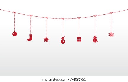Christmas and happy new year ornaments hanging red flat icon style isolated background wallpaper and copy space