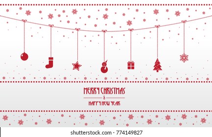 Christmas and happy new year ornaments hanging red flat icon style isolated background wallpaper and copy space with texts
