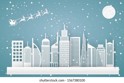 Christmas and happy new year Paper art design blue vector background with cityscape and fireworks celebration concept