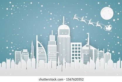 Christmas and happy new year Paper art design blue vector background with cityscape and fireworks celebration concept