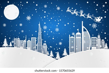 Christmas and happy new year Paper art design blue vector background with cityscape and fireworks celebration concept