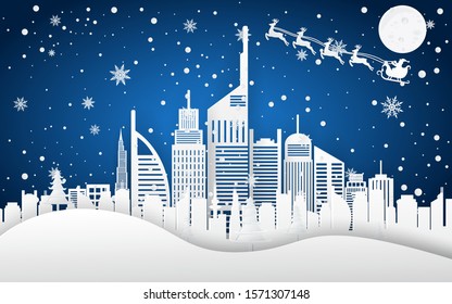 Christmas and happy new year Paper art design blue vector background with cityscape and fireworks celebration concept