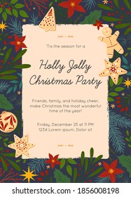 Christmas and Happy New Year party invitation template.Modern vector layout with hand drawn traditional winter holiday symbols.Xmas trendy design for banners,invitations,prints,social media.