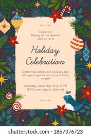 Christmas and Happy New Year party invitation template.Modern vector layout with hand drawn traditional winter holiday symbols.Xmas trendy design for banners,invitations,prints,social media.