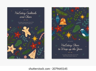 Christmas and Happy New Year party invitation templates with pattern.Festive vector layouts with hand drawn traditional winter holiday symbols.Xmas design for banners,invitations,prints,social media.