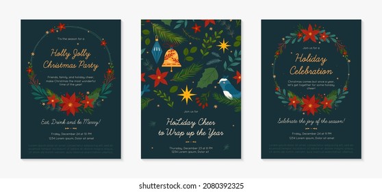 Christmas and Happy New Year party invitations templates.Festive vector layouts with hand drawn traditional winter holiday symbols.Xmas trendy designs for banners,invitations,prints,social media