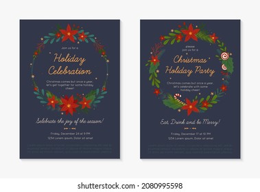 Christmas and Happy New Year party invitations templates.Festive vector layouts with hand drawn traditional winter holiday symbols.Xmas trendy designs for banners,invitations,prints,social media