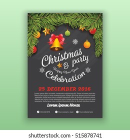 Christmas & Happy New Year Party Flyer Template. Christmas Party Decoration With Chalkboard Background. Vector Illustration Design. A4 Layout.