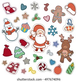 Christmas and Happy new year patch badges with Santa, Deer, Snowman, Fir-tree and other symbols of Holidays. Vector doodle illustrations isolated on blue background.