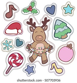 Christmas and Happy new year patch badges with Santa, Deer, Snowman, Fir-tree and other symbols of Holidays. Vector doodle illustrations isolated on blue background.