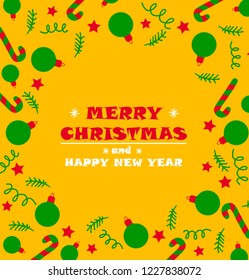 Christmas and Happy New Year pattern on yellow background with decorations elements. Vector illustrations