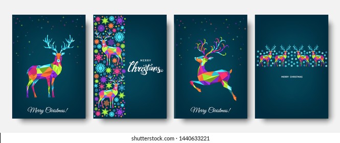 Christmas and Happy New Year pattern.  Polygonal Xmas  reindeer and  snowflakes. Bright colorful  tree decoration on blue background.Vector template  for cover,  greeting  card.