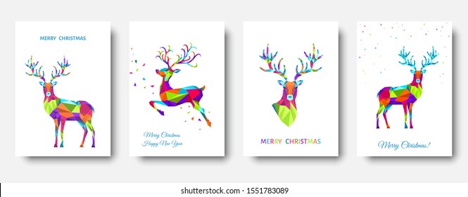 Christmas and Happy New Year pattern.  Polygonal Xmas  reindeer and  snowflakes. Bright colorful  tree decoration on white background.Vector template  for cover,  greeting  card.