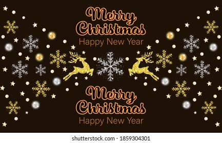 Navidad y Feliz Año Nuevo patrón venado de oro, plata y copos de nieve dorados. Decoración navideña. Plantilla para tarjeta de saludo, banner o afiche. Ilustración vectorial.