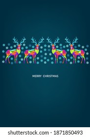 Christmas and Happy New Year pattern.  Polygonal Xmas  reindeer and  snowflakes. Bright colorful  tree decoration on blue background.Vector template  for cover,  greeting  card.