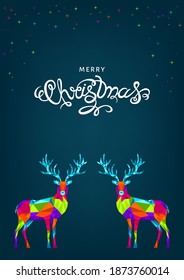 Christmas and Happy New Year pattern.  Polygonal Xmas  reindeer and  snowflakes. Bright colorful  tree decoration on blue background.Vector template  for cover,  greeting  card.