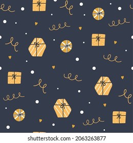Christmas and Happy New Year pattern with cute gifts and stars. Printing on a poster, postcard, clothing.