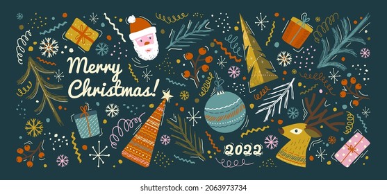 Christmas and Happy New Year pattern background. Vector illustration with Christmas toys and gifts. Banner and holiday greeting card template. 2022 winter season decoration design