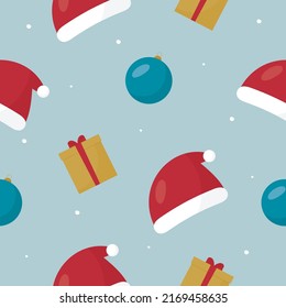 Christmas or Happy New Year pattern with christmas tree toy, gift and hat. Vector illustration. For posters, banners, printing on the pack, printing on clothes, fabric, wallpaper.