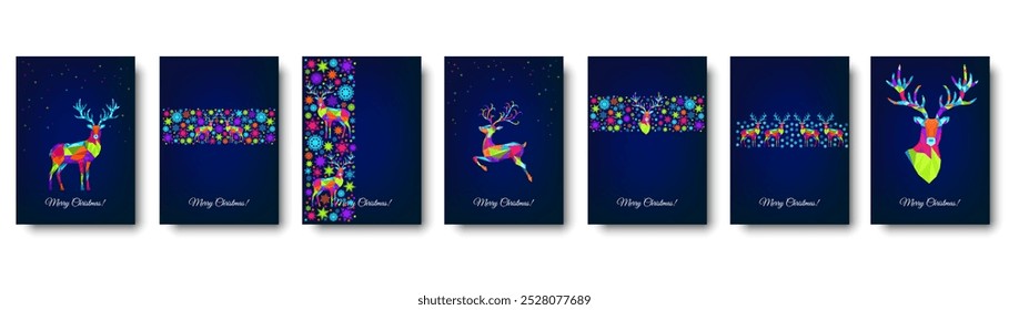 Christmas and Happy New Year pattern.  Polygonal Xmas  reindeer and  snowflakes. Bright colorful  tree decoration on blue background.Vector template  for cover,  greeting  card.