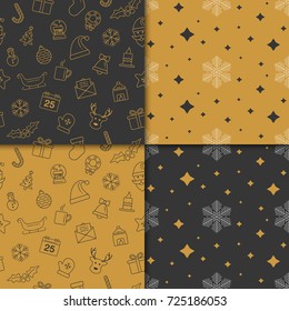 Christmas and happy new year pattern set. Winter holiday pattern with gold and black color. Vector illustration.