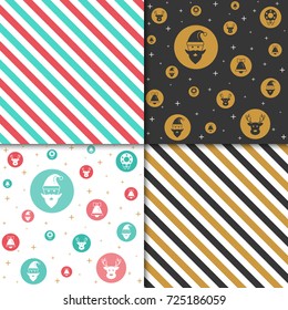 Christmas and happy new year pattern set. Winter holiday pattern with green, red, gold and black color. Vector illustration.