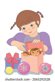 Christmas happy New Year picture. Fashionable retro style. Vector design element. The girl opened a surprise gift with a tiger cub. The symbol of 2022.