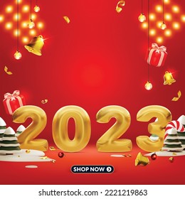 Christmas and Happy New Year with podium background. 2023 3D Realistic Gold Foil Balloons with podium bell gift and christmas tree.