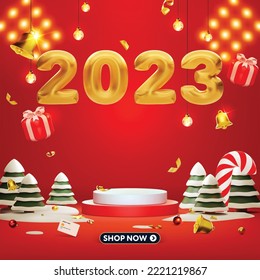 Christmas and happy new year with podium background. 2023 3d Realistic Gold Foil Balloons with podium bell gift and christmas tree.