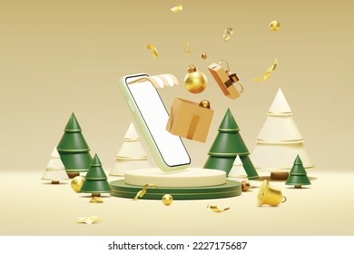 Christmas and happy new year with podium background. 3D Realistic Smart phone, gift box christmas and Happy New Year for online shopping.