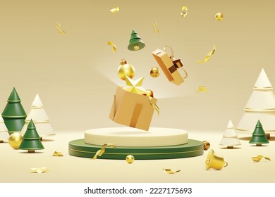 Christmas and happy new year with podium background. 3D Realistic gift box christmas and Happy New Year concept.