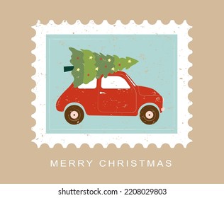 Christmas and Happy New Year postal stamp illustration with red car and tree. Trendy retro style. Vector design template.