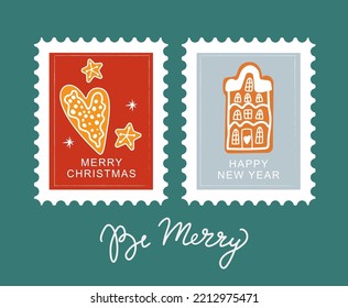 Christmas and Happy New Year postal stamps illustration with gingerbreads and Be Merry sign.