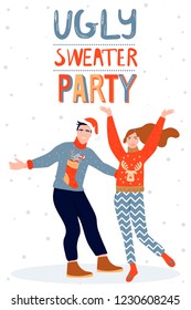 Christmas and Happy New Year poster template on ugly sweater party. Card with cute couple in  sweaters and inscription. Vector illustration.