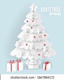Christmas and Happy New year Poster with reindeer, Santa, tree, snow man, snow flake and gift Big Christmas tree. Vector illustration in blue background.
