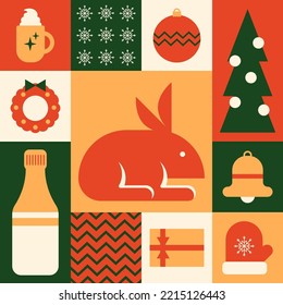 Christmas and Happy new year. Poster with christmas elements: cup, rabbit, present box, wreath, christmas tree, mitten, bottle, bell. Flat vector illustration in geometric style.