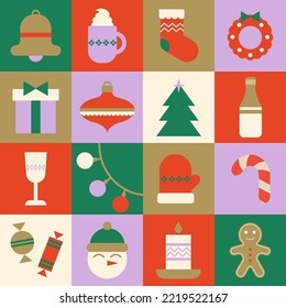 Weihnachten und viel Glück im neuen Jahr. Poster mit Weihnachtselementen: Becher, Garland, Glas, Schneemann, Geschenkbox, Kranz, Weihnachtsbaum, mitten, Flasche, Glocke. Flache Vektorgrafik im geometrischen Stil.