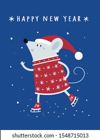 Christmas Happy New Year. Rat, mouse, mice, baby in santa hat. Cartoon animal character illustration. Holiday festive winter card. For print, poster, calendar, decoration, textile, card, souvenirs