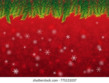 Christmas and happy new year red vector background with white snowflake and fir branches