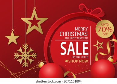 christmas and happy new year sale banner background with festive decoration. vector illustration