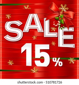 Christmas and Happy New Year sale fifteen percent concept. Sale red ribbons fifteen percent.