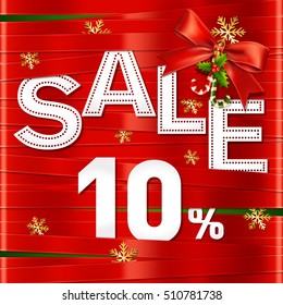 Christmas and Happy New Year sale ten percent concept. Sale red ribbons ten percent.