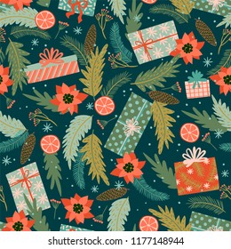 Christmas and Happy New Year seamless pattern. Trendy retro style. Vector design template.