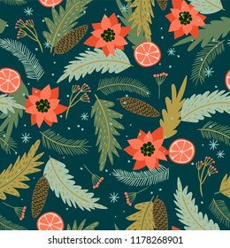 Christmas and Happy New Year seamless pattern with coniferous branches. Trendy retro style. Vector design template.