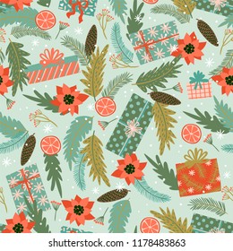 Christmas and Happy New Year seamless pattern with coniferous branches. Trendy retro style. Vector design template. Christmas and Happy New Year seamless pattern with coniferous branches. Trendy retro style. Vector design template.