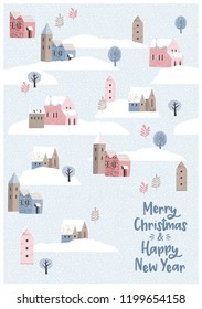 Christmas and Happy New Year seamless illustration whit winter landscape. Trendy retro style. Vector design template.
